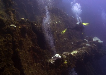 Diving along sunken hull

